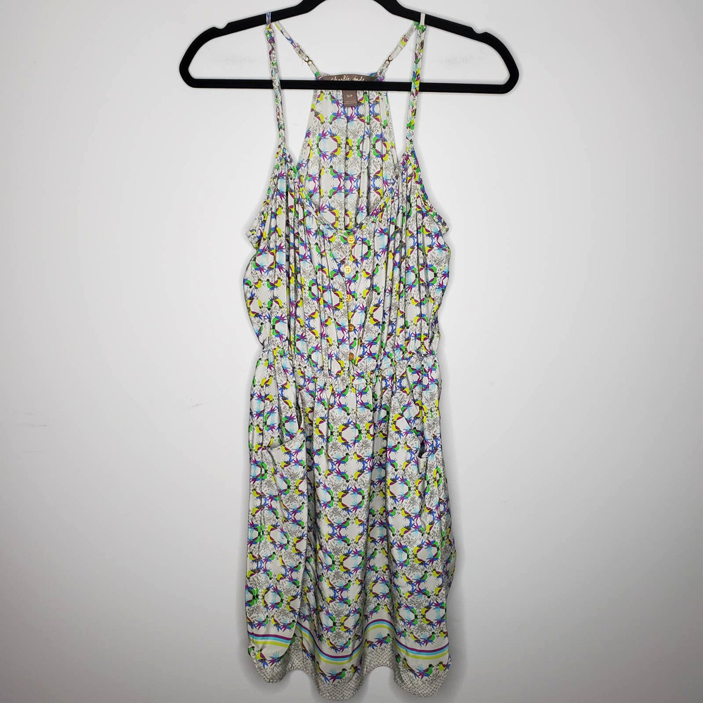 CHARLIE JADE Printed V-Neck Sleeveless 100% Silk Mini Dress Sz Small S